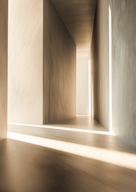 Sunlight casting soft, elongated shadows through a minimalist architectural corridor with textured walls and warm neutral tones, creating a calm, immersive atmosphere.